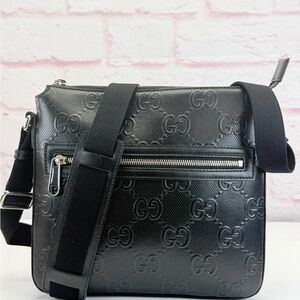 Gucci Black Gg Embossed Leather Messenger Bag